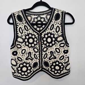 Granny Crochet Knit Vest Size S Beige Black Boho Hippie Festival 70s